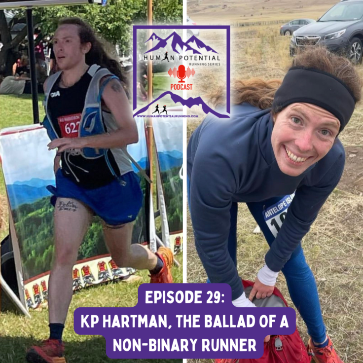 Podcast interviewee, KP Hartman, is shown running a race and also smiling while stopped to get something from their pack.